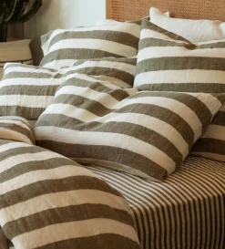 Secret Linen Store Dark Olive Cora Stripe 100% Linen Fitted Sheet