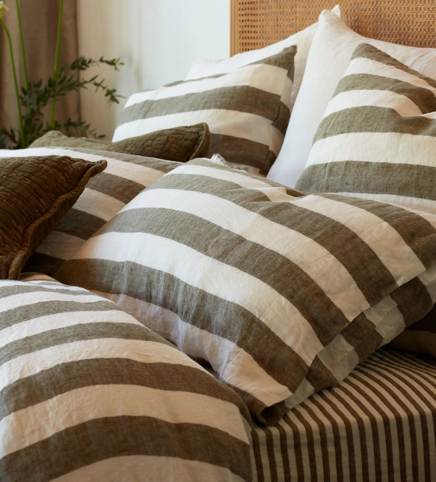 Secret Linen Store Dark Olive Cora Stripe 100% Linen Pillowcase