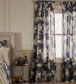 Secret Linen Store Ink Blue Flower Press Linen Blend Loop Top Curtain (Single)