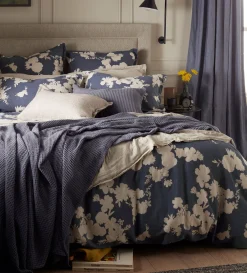 Secret Linen Store Ink Blue Flower Press Linen Blend Duvet Cover