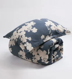 Secret Linen Store Ink Blue Flower Press Linen Blend Duvet Cover