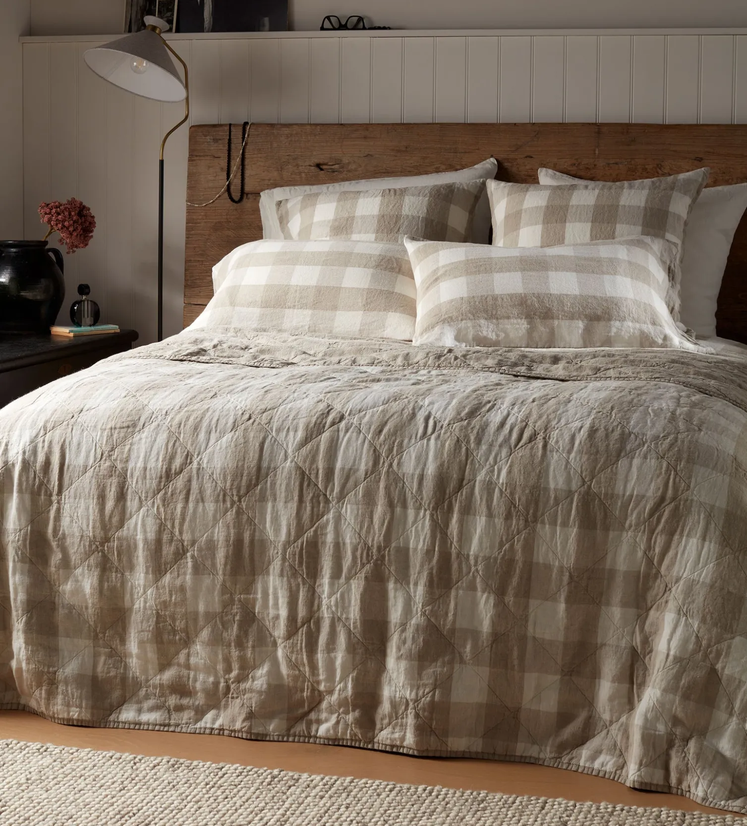 Secret Linen Store Natural Gracie Gingham Linen Quilted Throw