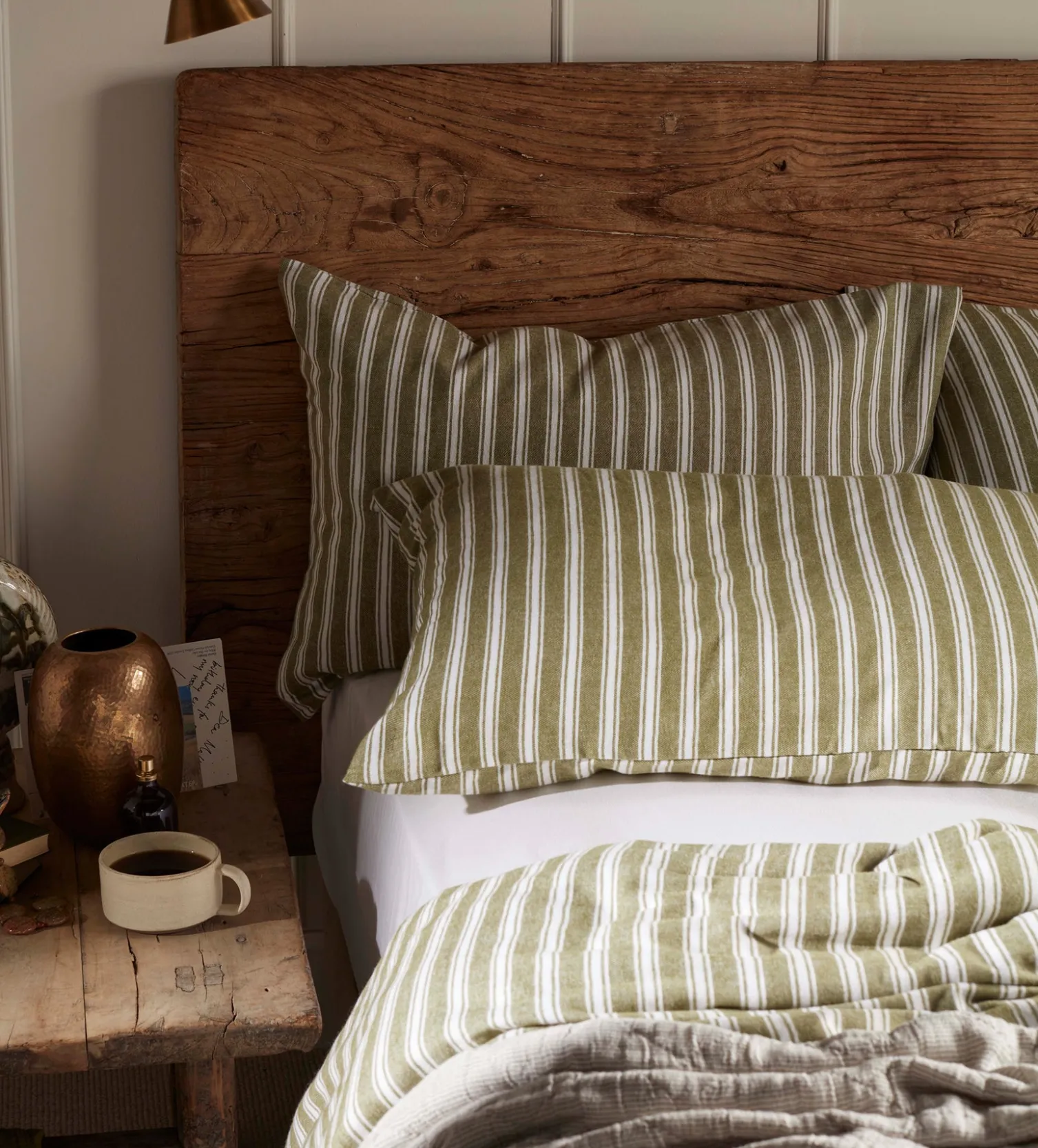 Secret Linen Store Olive Green Fred Stripe Brushed 100% Organic Cotton Pillowcase