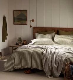 Secret Linen Store Olive Green Fred Stripe Brushed 100% Organic Cotton Duvet Cover