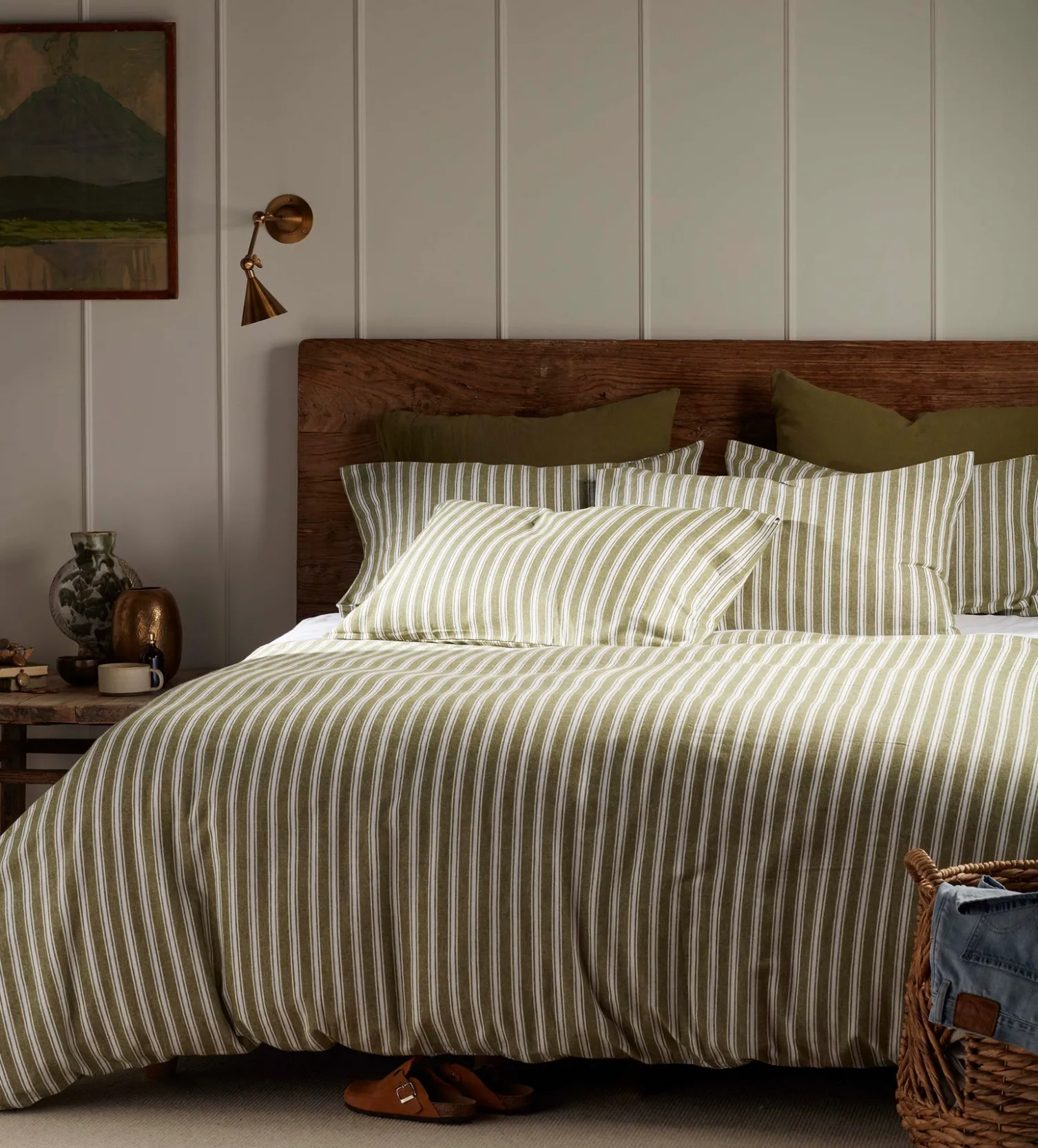 Secret Linen Store Olive Green Fred Stripe Brushed 100% Organic Cotton Duvet Cover