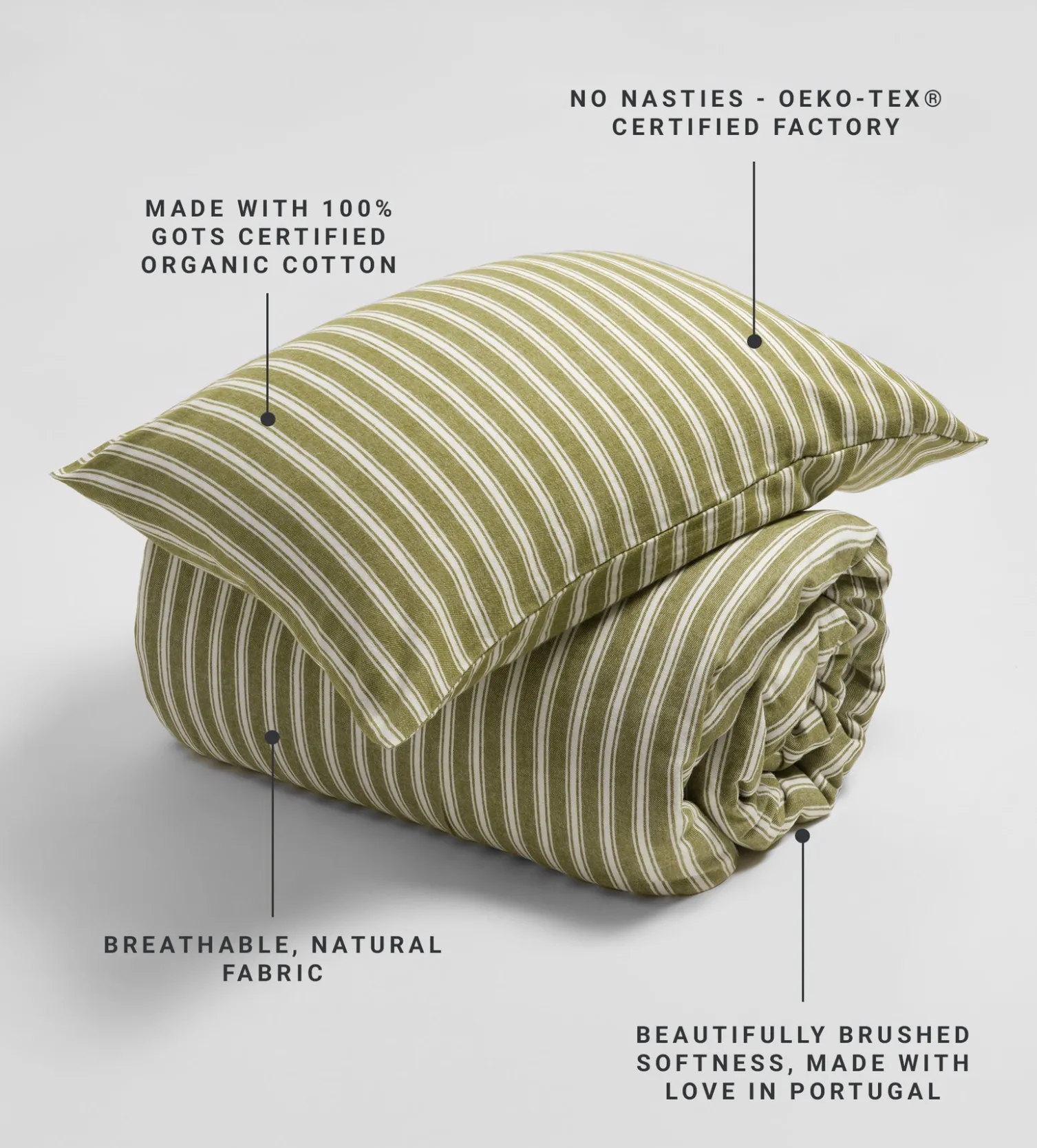 Secret Linen Store Olive Green Fred Stripe Brushed 100% Organic Cotton Duvet Cover
